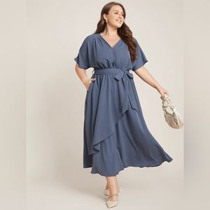 NWOT 14/16 1X BloomChic Blue Dolman Sleeve High Low Hem Belted Dress